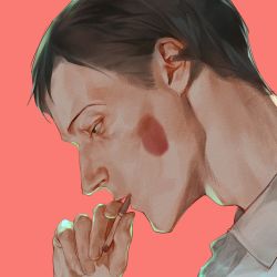 Rule 34 | adam&#039;s apple, backlighting, black hair, blush stickers, cigarette, doufukuai2, ekubo (mob psycho 100), from side, hand up, highres, holding, holding cigarette, looking away, male focus, mob psycho 100, mouth hold, pink background, portrait, profile, short hair, simple background, solo