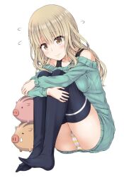 Rule 34 | 1girl, animal tower, aqua sweater, black thighhighs, blonde hair, blush, boar, bra strap, breast press, breasts, closed mouth, commentary request, dress, flying sweatdrops, full body, knees to chest, large breasts, long hair, long sleeves, miyubi shigi, original, panties, pantyshot, simple background, sports bra, striped clothes, striped panties, sweater, sweater dress, thighhighs, underwear, white background, yellow eyes