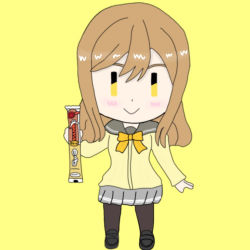 Rule 34 | 1girl, artist name, artist request, black footwear, black pantyhose, blush, bow, bowtie, bread, breasts, brown eyes, brown hair, chibi, collarbone, eyebrows, female focus, food, full body, grey sailor collar, grey skirt, hair between eyes, holding, holding food, kunikida hanamaru, light brown hair, long hair, long sleeves, looking at viewer, love live!, love live! sunshine!!, matching hair/eyes, miniskirt, orange bow, orange bowtie, outstretched arms, pantyhose, parted lips, plaid, plaid skirt, pleated, pleated skirt, sailor collar, school uniform, shoes, skirt, sleeves past wrists, small breasts, smile, solo, sweater, sweater vest, uranohoshi school uniform, vest, yellow background, yellow eyes, yellow sweater, yellow vest