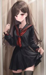 Rule 34 | 1girl, :/, absurdres, black sailor collar, black serafuku, black shirt, black skirt, black thighhighs, blush, breasts, brown hair, closed mouth, commentary request, cowboy shot, curtains, hair behind ear, hand up, highres, holding, holding own hair, long hair, long sleeves, medium breasts, neckerchief, original, pleated skirt, raised eyebrows, red eyes, red neckerchief, sailor collar, school uniform, serafuku, shirt, sidelocks, skirt, solo, standing, swept bangs, thighhighs, ttusee5, zettai ryouiki