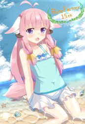 Rule 34 | 1girl, animal ear fluff, animal ears, antenna hair, bare arms, bare shoulders, blue one-piece swimsuit, blue sky, blush, casual one-piece swimsuit, character name, cloud, commentary request, conch, covered navel, day, feet out of frame, frilled swimsuit, frills, fuyuki8208, highres, hina (rune factory), horizon, horns, looking at viewer, ocean, one-piece swimsuit, open mouth, outdoors, pink hair, purple eyes, rune factory, rune factory 5, seashell, see-through, shallow water, shell, sitting, sky, solo, starfish, swimsuit, tail, water