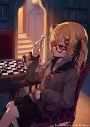 Rule 34 | 1girl, arm rest, armchair, black ribbon, black skirt, blonde hair, blurry, blurry background, bookshelf, breasts, brigare, brown jacket, chair, chess piece, chessboard, commentary, copyright name, hair ornament, hair ribbon, holding, holding chess piece, indoors, jacket, king (chess), long sleeves, makihitsuji, medium breasts, on chair, one side up, orange eyes, parted lips, ribbon, semi-rimless eyewear, sidelocks, sitting, skirt, solo, sweater, sweater under jacket, symbol-only commentary, table, white sweater, x hair ornament