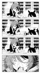 Rule 34 | 2girls, 4koma, absurdres, agnes tachyon (umamusume), ahoge, animal ears, blush, chemical structure, chemistry, coffee cup, comic, commentary, cup, disposable cup, hair between eyes, highres, horse ears, horse girl, jitome, laboratory, long hair, looking at another, manhattan cafe (umamusume), motion blur, multicolored hair, multiple girls, peeking out, plate, reading, short hair, spitting, swap, tears, tori (hiyoko bazooka), two-tone hair, umamusume