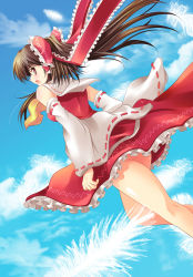 Rule 34 | 1girl, ascot, bare shoulders, brown hair, feathers, female focus, hakurei reimu, japanese clothes, long hair, looking back, maki (seventh heaven maxion), miko, no panties, outdoors, red eyes, sky, solo, touhou, yellow ascot