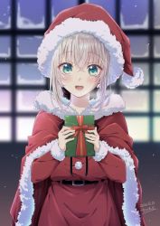 Rule 34 | 1girl, :d, absurdres, bad id, bad pixiv id, blurry, blurry background, blush, box, capelet, chili-tomato (gekikaraya), christmas, commentary request, cowboy shot, dated, depth of field, dress, earrings, fate (series), fur-trimmed headwear, fur trim, gift, gift box, gray (fate), green eyes, hair between eyes, hat, highres, holding, holding box, holding gift, jewelry, long sleeves, looking at viewer, lord el-melloi ii case files, open mouth, red dress, red hat, santa costume, santa hat, short hair, signature, smile, solo