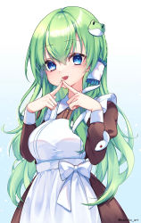 Rule 34 | 1girl, :d, alternate costume, apron, artist name, blue eyes, blush, bow, breasts, brown dress, cowboy shot, dress, enmaided, fingers together, frog hair ornament, gradient background, green hair, hair between eyes, hair ornament, hair tubes, hands up, highres, juliet sleeves, kochiya sanae, large breasts, long hair, long sleeves, looking at viewer, maid, open mouth, outline, puffy sleeves, simple background, smile, snake hair ornament, solo, touhou, very long hair, white apron, white background, white bow, white outline, wing collar, yuineko