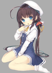 Rule 34 | 10s, 1girl, :o, ahoge, beret, between legs, blue dress, blue eyes, bobby socks, brown hair, commentary request, dress, finger to mouth, full body, grey background, gurasion (gurasion), hair ribbon, hand between legs, hat, head tilt, hinatsuru ai, layered sleeves, long hair, long sleeves, looking at viewer, low twintails, no shoes, parted lips, puffy short sleeves, puffy sleeves, ribbon, ryuuou no oshigoto!, school uniform, short over long sleeves, short sleeves, simple background, sitting, socks, solo, twintails, very long hair, wariza, white hat, white socks, yellow ribbon