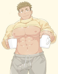 Rule 34 | 1boy, aopanda, bara, bulge, clothes lift, cup, erection, erection under clothes, highres, large pectorals, looking at viewer, male focus, mature male, mug, muscular, muscular male, original, pants, pectorals, shirt lift, short hair, smile, solo, sweatpants, underpec, yellow eyes