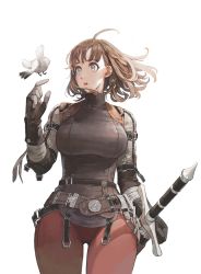 Rule 34 | 1girl, ahoge, armor, auyn awinaz (navigavi), belt, bird, bird on hand, breasts, brown eyes, brown hair, chainmail, commentary request, gloves, highres, jun (navigavi), large breasts, original, pants, red pants, scabbard, sheath, sheathed, solo, strap, sword, thigh gap, walking, weapon, wind, wind lift