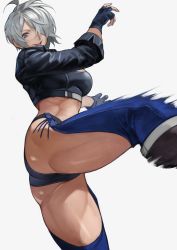 Rule 34 | 1girl, absurdres, ahoge, angel (kof), ass, black panties, blue eyes, boots, breasts, chaps, commentary request, hair over one eye, highres, jacket, large breasts, messy hair, mexico, panties, parted bangs, short hair, snk, solo, the king of fighters, thick thighs, thighs, underwear, white hair, yoshio (55level)