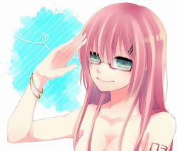 Rule 34 | 1girl, aqua eyes, bad id, bad pixiv id, bespectacled, bracelet, breasts, cleavage, closed mouth, collarbone, female focus, glasses, hair between eyes, hair ornament, hairclip, heart, jewelry, lips, long hair, looking at viewer, medium breasts, megurine luka, neck, nude, pink hair, red-framed eyewear, salute, semi-rimless eyewear, smile, solo, tattoo, upper body, vocaloid, white background