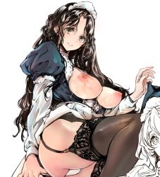 Rule 34 | black hair, breasts, breasts out, endou okito, garter straps, green eyes, highres, lace, lace-trimmed legwear, lace trim, large breasts, legs together, long hair, looking at viewer, maid, maid headdress, nipples, original, panties, parted lips, shiny skin, simple background, sweat, tareme, thighhighs, underwear, white background, white panties