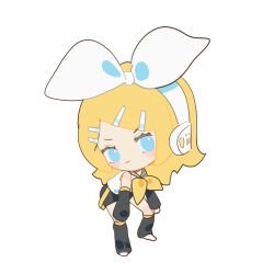 Rule 34 | &gt;:), 1girl, black sailor collar, black shorts, black sleeves, blonde hair, blue eyes, bow, chibi, chinese commentary, commentary, detached sleeves, full body, hair bow, hands on own knees, headset, highres, indai (3330425), kagamine rin, leaning forward, leg warmers, legs apart, light blush, light smile, looking at viewer, medium hair, parted bangs, sailor collar, sailor shirt, shirt, shorts, simple background, sleeveless, sleeveless shirt, solo, v-shaped eyebrows, vocaloid, white background, white bow, white shirt