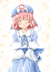 Rule 34 | 1girl, blush, bonnet, breasts squeezed together, breasts, dress, closed eyes, female focus, frills, happy, hat, pink hair, saigyouji yuyuko, sin-go, solo, touhou, triangular headpiece