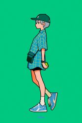 Rule 34 | 1girl, absurdres, baseball cap, blue footwear, earrings, full body, green background, green eyes, green hat, grey hair, hat, highres, holding, holding phone, jewelry, miyoshi yoshimi, original, phone, plaid, plaid shirt, profile, shadow, shirt, shoes, short hair, short sleeves, simple background, solo, standing