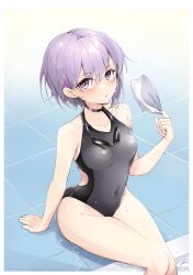 Rule 34 | 1girl, a.i. voice, breasts, competition swimsuit, covered navel, feet out of frame, goggles, goggles around neck, grey one-piece swimsuit, highres, looking at viewer, one-piece swimsuit, purple eyes, purple hair, short hair, small breasts, soaking feet, solo, swimsuit, tile floor, tiles, unworn swim cap, voiceroid, yuzuki yukari, yuzuki yukari (shizuku), zooanime