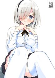 Rule 34 | 10s, 1girl, alternate costume, bad id, bad twitter id, blue eyes, blush, breasts, dated, frown, hair ornament, hair over one eye, hairband, hamakaze (kancolle), kantai collection, looking at viewer, meme attire, short hair, silver hair, simple background, skirt, solo, twitter username, virgin killer outfit, weshika, white background, white legwear