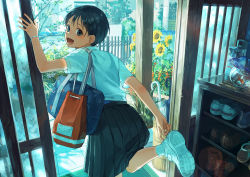 Rule 34 | 1girl, :d, bag, black eyes, black hair, blue skirt, boots, bracelet, closed umbrella, commentary, day, electrical outlet, fish, fishbowl, flower, from behind, goldfish, handbag, indoors, jewelry, leg up, looking back, lower teeth only, mumi (otakutanosiiyo), open mouth, original, pleated skirt, putting on shoes, sandals, school bag, school uniform, shirt, shoes, short hair, skirt, sliding doors, smile, socks, solo, sunflower, teeth, umbrella, unworn boots, unworn sandals, unworn shoes, upper body, white shirt, white socks