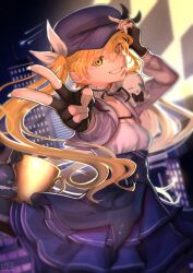 Rule 34 | 1girl, absurdres, black gloves, blonde hair, blue hat, blue skirt, breasts, building, cleavage, commentary, cup, dokibird (vtuber), feet out of frame, fingerless gloves, gloves, grin, hat, highres, indie virtual youtuber, l yth, long hair, long sleeves, looking at viewer, night, night sky, outdoors, outstretched arm, shooting star, skirt, sky, small breasts, smile, solo, twintails, v, virtual youtuber, yellow eyes