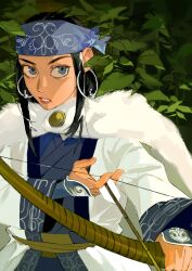 Rule 34 | 1girl, absurdres, ainu clothes, arrow (projectile), asirpa, belt, black hair, blue eyes, bow (weapon), bush, cape, commentary, drawing bow, earrings, fur cape, golden kamuy, highres, holding, holding bow (weapon), holding weapon, hoop earrings, jewelry, kajibaji, leaf, looking at viewer, parted lips, sidelocks, solo, symbol-only commentary, upper body, weapon