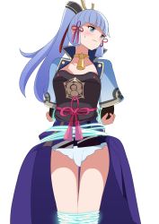 Rule 34 | 1girl, absurdres, appie555, armor, armored dress, ayaka (genshin impact), bdsm, blue eyes, blue hair, blush, bondage, bound, breastplate, clothes lift, dress, dress lift, embarrassed, genshin impact, hair ornament, highres, japanese clothes, long hair, looking at the side, ponytail, shiny skin, short shorts, shorts, solo