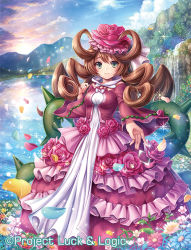 Rule 34 | 10s, 1girl, blue eyes, blue sky, brown hair, cloud, day, dress, flower, frilled dress, frills, fumi (butakotai), hair rings, hat, hat flower, lake, long hair, looking at viewer, luck &amp; logic, outdoors, outstretched hand, petals, pink dress, pink hair, rose, sky, solo, standing, thorns, very long hair, water, waterfall, wide sleeves