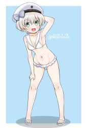 Rule 34 | 1girl, arm behind head, arm support, bikini, bikini skirt, blue background, breasts, collarbone, commentary request, dated, frilled bikini, frills, gluteal fold, green eyes, groin, hand on own thigh, hat, kantai collection, leaning forward, looking at viewer, masara (chuujou), navel, one-hour drawing challenge, open mouth, sailor bikini, sailor collar, sailor hat, sandals, short hair, silver hair, small breasts, smile, solo, swimsuit, twitter username, white bikini, white hat, z1 leberecht maass (kancolle)