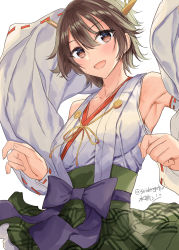 Rule 34 | 1girl, artist name, brown hair, commentary request, cowboy shot, dated, detached sleeves, flipped hair, green skirt, hairband, headgear, hiei (kancolle), highres, japanese clothes, kantai collection, looking at viewer, mizuta kenji, one-hour drawing challenge, plaid, plaid skirt, ribbon-trimmed sleeves, ribbon trim, short hair, simple background, skirt, solo, white background