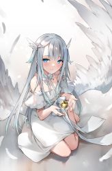 Rule 34 | 1girl, absurdres, amatsuka uto, angel, angel wings, apple, bare shoulders, blue eyes, blue hair, closed mouth, detached sleeves, dress, feathers, food, fruit, golden apple, hair ornament, hairclip, halter dress, halterneck, highres, indie virtual youtuber, long hair, looking at viewer, off-shoulder dress, off shoulder, ribbon, simple background, smile, solo, twintails, virtual youtuber, wings, zen juraku