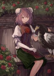 Rule 34 | 1girl, bad id, bad pixiv id, bandaged arm, bandages, bench, bird, black skin, breasts, brown ribbon, bun cover, bush, colored skin, commentary request, double bun, fence, fingernails, flower, garden, green skirt, grey shirt, hair between eyes, hair bun, hand up, highres, ibaraki kasen, leaf, leaf print, looking at viewer, looking to the side, medium breasts, ookashippo, open mouth, outdoors, pink eyes, pink hair, puffy short sleeves, puffy sleeves, red flower, red rose, ribbon, rose, shadow, shirt, short hair, short sleeves, sitting, skirt, smile, tabard, touhou, wings