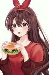 Rule 34 | 1girl, absurdres, alternate costume, amber (genshin impact), bad id, bad pixiv id, brown eyes, brown hair, brown jacket, burger, casual, educk, food, genshin impact, hair between eyes, hair ribbon, highres, holding, holding food, jacket, long hair, long sleeves, off shoulder, open clothes, open jacket, open mouth, red shirt, ribbon, shirt, solo, upper body