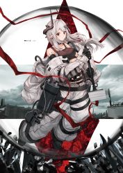 Rule 34 | 1girl, absurdres, akatone, arknights, bare shoulders, black choker, black gloves, black shirt, breasts, choker, coat, commentary request, crop top, full body, gloves, hammer, highres, holding, holding hammer, horns, huge filesize, large breasts, leg belt, long hair, looking at viewer, material growth, midriff, mudrock (arknights), mudrock (elite ii) (arknights), navel, off shoulder, open clothes, open coat, originium arts (arknights), oripathy lesion (arknights), oversized clothes, pants, pointy ears, red eyes, shirt, shoes, sidelocks, sledgehammer, sleeveless, sleeveless shirt, solo, standing, stomach, tank top, weapon, white coat, white hair, white pants