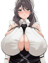 Rule 34 | 1girl, absurdres, arms at sides, azur lane, black hair, black shirt, blush, breasts, charybdis (azur lane), cleavage, collared shirt, grey eyes, hair between eyes, highres, huge breasts, long hair, looking at viewer, maid, neneneji, open mouth, shirt, simple background, skindentation, sleeveless, sleeveless shirt, solo, standing, two-tone shirt, white background, white shirt
