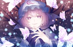 Rule 34 | 1girl, absurdres, blue hat, blurry, blurry background, bug, butterfly, commentary request, hat, highres, insect, looking at viewer, mob cap, pink eyes, pink hair, saigyouji yuyuko, short hair, smile, solo, star (symbol), toraneko 2, touhou, triangular headpiece, upper body, wavy hair