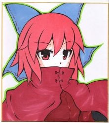 Rule 34 | 1girl, blush, bow, capelet, hair bow, looking at viewer, marker (medium), mochizuki ado, outline, red eyes, red hair, sekibanki, shikishi, short hair, simple background, solo, touhou, traditional media, white background