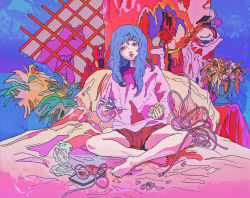 Rule 34 | 1girl, abstract, barefoot, bed sheet, blue hair, cable, colorful, fig, head tilt, highres, holding, holding scissors, indian style, ligne claire, long hair, long sleeves, looking up, miyoviyo, original, parted lips, plant, purple eyes, scissors, shirt, short shorts, shorts, sitting, solo