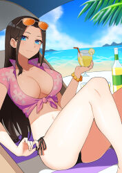 Rule 34 | 1girl, a-fei z, absurdres, beach, bikini, black hair, blue eyes, bottle, bracelet, breasts, closed mouth, cloud, cloudy sky, commentary request, cup, day, eyewear on head, highres, holding, holding cup, jewelry, large breasts, long hair, looking at viewer, midriff, nico robin, ocean, one piece, outdoors, sitting, sky, smile, solo, sunglasses, swimsuit, thighs, water