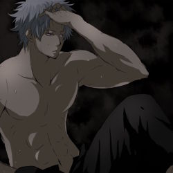 Rule 34 | 1boy, gintama, hand in own hair, lowres, male focus, maruki (punchiki), md5 mismatch, red eyes, resolution mismatch, sakata gintoki, silver hair, solo, source larger, sweat, topless male