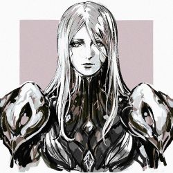 Rule 34 | 1girl, armor, bad id, bad twitter id, bodysuit, commentary, english commentary, facing viewer, greyscale, khora (warframe), long hair, looking at viewer, monochrome, nvalkyrja, shoulder armor, sidelocks, solo, standing, warframe
