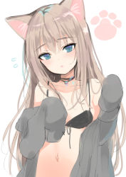 Rule 34 | 1girl, animal ears, bad id, bad pixiv id, bell, blonde hair, blue eyes, bra, cat ears, choker, emily (pure dream), head tilt, long hair, looking at viewer, neck bell, off shoulder, open clothes, open shirt, original, paw print, sketch, sleeves past wrists, solo, underwear, upper body, white background