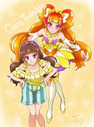Rule 34 | 1girl, amanogawa kirara, bare shoulders, brown hair, character name, chocokin, cure twinkle, dated, dual persona, earrings, go! princess precure, hairband, hands on own hips, jewelry, long hair, magical girl, multicolored hair, precure, purple eyes, shorts, skirt, smile, solo, star (symbol), star earrings, streaked hair, striped clothes, striped shorts, twintails, two-tone hair