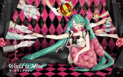 Rule 34 | 1girl, ahoge, aqua hair, black thighhighs, blush, bracelet, cake, closed eyes, copyright name, crown, curtains, dalzzam, dress, english text, female focus, flower, food, frills, hair ornament, hatsune miku, hime cut, ice cream, indoors, jewelry, long hair, no shoes, open mouth, pillow, plush horse, pudding, rose, sitting, solo, sparkle, stuffed animal, stuffed toy, thighhighs, twintails, very long hair, vocaloid, white dress, world is mine (vocaloid), zettai ryouiki