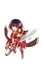 Rule 34 | 1girl, boots, brown hair, flower, full body, hair flower, hair ornament, holding, holding polearm, holding spear, holding weapon, kawamatsu yoshinori, midriff, navel, official art, open mouth, oshiro project:re, oshiro project:re, polearm, red eyes, shinpu (oshiro project), short hair, solo, spear, thigh boots, thighhighs, transparent background, weapon