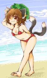 Rule 34 | 1girl, ;), animal ears, arm behind back, barefoot, beach, bikini, breasts, brown hair, cat ears, cat tail, chen, cloud, day, dutch angle, earrings, full body, hanabi (karintou15), hand up, hat, horizon, jewelry, leaning forward, mob cap, multiple tails, nekomata, one eye closed, outdoors, red eyes, short hair, single earring, small breasts, smile, solo, swimsuit, tail, touhou, two tails, water