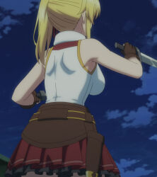 Rule 34 | 1girl, ass, backboob, blonde hair, breasts, emma brightness, fighting stance, fingerless gloves, from behind, gloves, highres, knife, large breasts, legs, looking at viewer, medium hair, ore dake haireru kakushi dungeon, side ponytail, skirt, solo, stitched, thighs, third-party edit