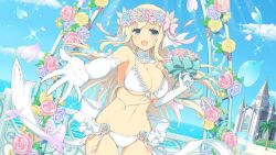 Rule 34 | 1girl, aqua eyes, beach, blonde hair, blue flower, blue rose, blue sky, blush, bouquet, bow, bra, breasts, bridal lingerie, bride, church, cleavage, cloud, cowboy shot, day, elbow gloves, falling petals, flower, gloves, gluteal fold, groin, hair bow, hair flower, hair ornament, holding, holding bouquet, jewelry, large breasts, linea alba, lingerie, long hair, looking at viewer, multicolored flower, multicolored rose, navel, necklace, ocean, official alternate costume, official art, open mouth, palm tree, panties, pearl necklace, petals, pink bow, pink flower, pink rose, reaching, reaching towards viewer, red flower, ribbon, rose, senran kagura, senran kagura burst, senran kagura new link, senran kagura shoujo-tachi no shin&#039;ei, sky, smile, solo, stairs, steeple, stomach, tree, underboob, underwear, underwear only, upper body, water, white bra, white gloves, white panties, white ribbon, window, yellow flower, yellow rose, yomi (senran kagura)