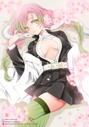 Rule 34 | 1girl, absurdres, black jacket, black skirt, blurry, blurry foreground, braid, breasts, cleavage, closed mouth, collared shirt, dress shirt, from above, gradient hair, green eyes, green hair, grey thighhighs, highres, jacket, kanroji mitsuri, kimetsu no yaiba, long hair, long sleeves, looking at viewer, lying, medium breasts, miniskirt, mole, mole under eye, multicolored hair, on back, open clothes, open jacket, pink hair, pleated skirt, sheepd, shirt, skirt, snake, solo, thighhighs, twin braids, very long hair, watermark, white shirt, wing collar, zettai ryouiki