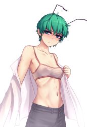 Rule 34 | 1girl, alternate costume, antennae, bare shoulders, breasts, camisole, casual, collarbone, commentary, contemporary, covered erect nipples, cowboy shot, ear piercing, english commentary, green eyes, green hair, grey pants, groin, hair between eyes, hater (hatater), head tilt, highres, long sleeves, looking at viewer, midriff, navel, off shoulder, open clothes, open shirt, pants, piercing, see-through, short hair, simple background, small breasts, solo, spaghetti strap, stomach, touhou, very short hair, white background, wriggle nightbug