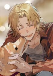 Rule 34 | 1boy, blonde hair, brown shirt, closed eyes, cocacell, collared shirt, commentary request, dog, highres, korean commentary, long sleeves, open clothes, open mouth, open shirt, parted bangs, saibou shinkyoku, shinano eiji, shirt, short hair, smile, tearing up, tears, tina (saibou shinkyoku), white shirt