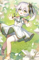 Rule 34 | 1girl, absurdres, aranara (genshin impact), bad id, bad pixiv id, barefoot, bloomers, blush, bracelet, braid, cape, child, cross-shaped pupils, detached sleeves, dress, eunyoo, flower, genshin impact, gold trim, gradient hair, grass, green cape, green eyes, green hair, green sleeves, hair between eyes, hair ornament, highres, jewelry, leaf hair ornament, long hair, looking at viewer, multicolored hair, nahida (genshin impact), open mouth, outdoors, pointy ears, side braid, side ponytail, sidelocks, sleeveless, sleeveless dress, smile, solo, symbol-shaped pupils, underwear, white bloomers, white dress, white hair